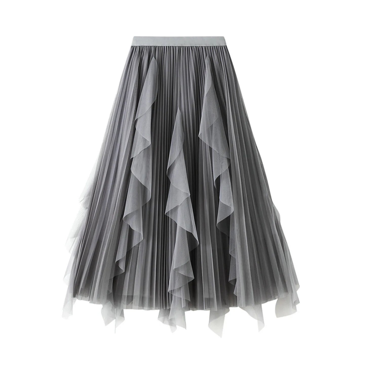 Ladies High Waist Ruffle Tulle Midi Skirt for Summer
