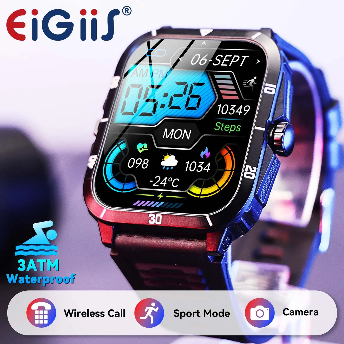EIGIIS Smart Watch 3ATM Waterproof 1.96 Inch IPS Screen Military KT71 for Men with 100 Plus Sport Modes Heart Rate Blood Pressure Bluetooth Call