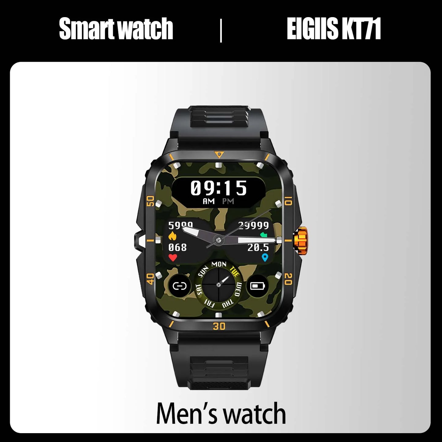EIGIIS Smart Watch 3ATM Waterproof 1.96 Inch IPS Screen Military KT71 for Men with 100 Plus Sport Modes Heart Rate Blood Pressure Bluetooth Call
