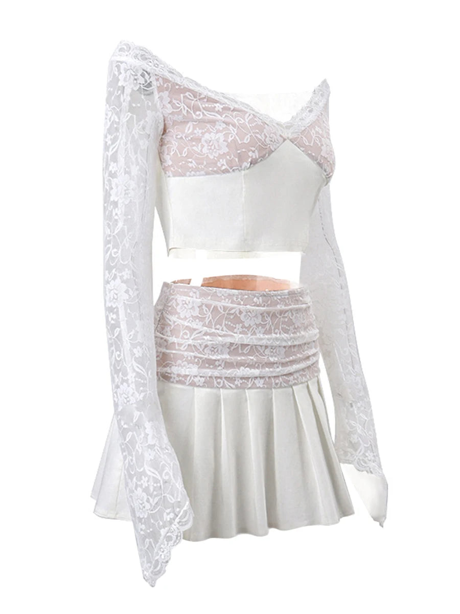 Women s 2 Piece Skirt Outfits Long Sleeve Off Shoulder Tops Mini Lace Floral Skirt Set