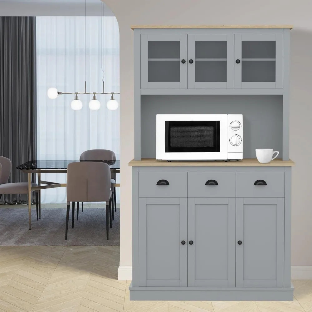 Freestanding Tall Kitchen Cupboard with Microwave Shelf and Drawers