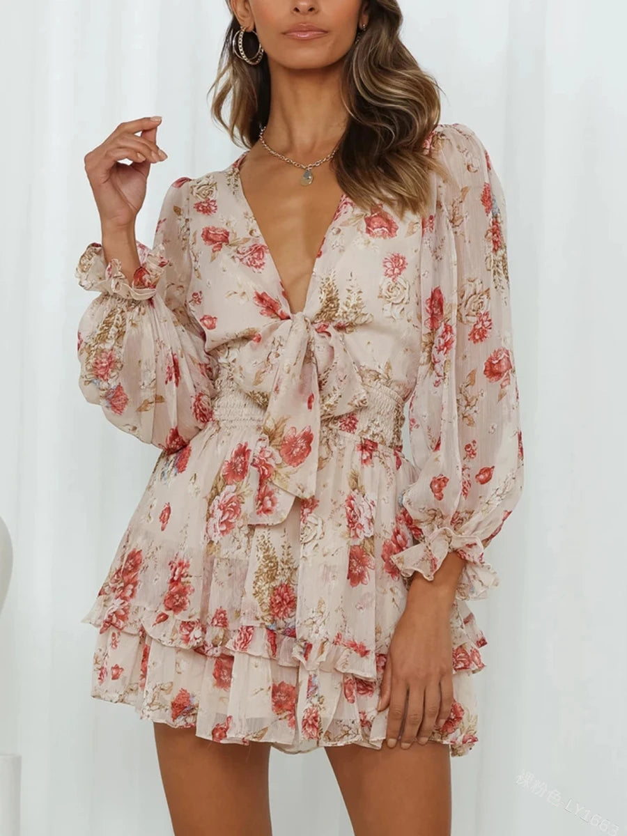 Women Spring Casual Mini Dress Floral Print Deep V-Neck Tie-Up Long Sleeve Sweet Dress Fashion Ruffles Dress