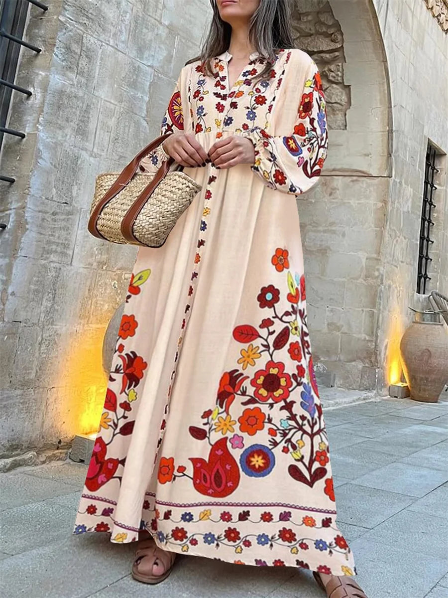 Elegant Floral Print V-Neck Maxi Dress for Casual Fall Style