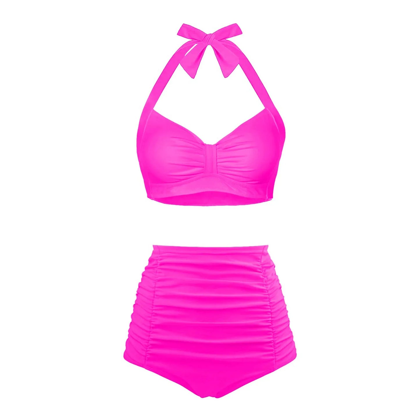 Halter Women High Waisted Swimsuit Polka Dot Sexy Push Up Two Piece Swimwear Retro Ruched Print Bikini Set
