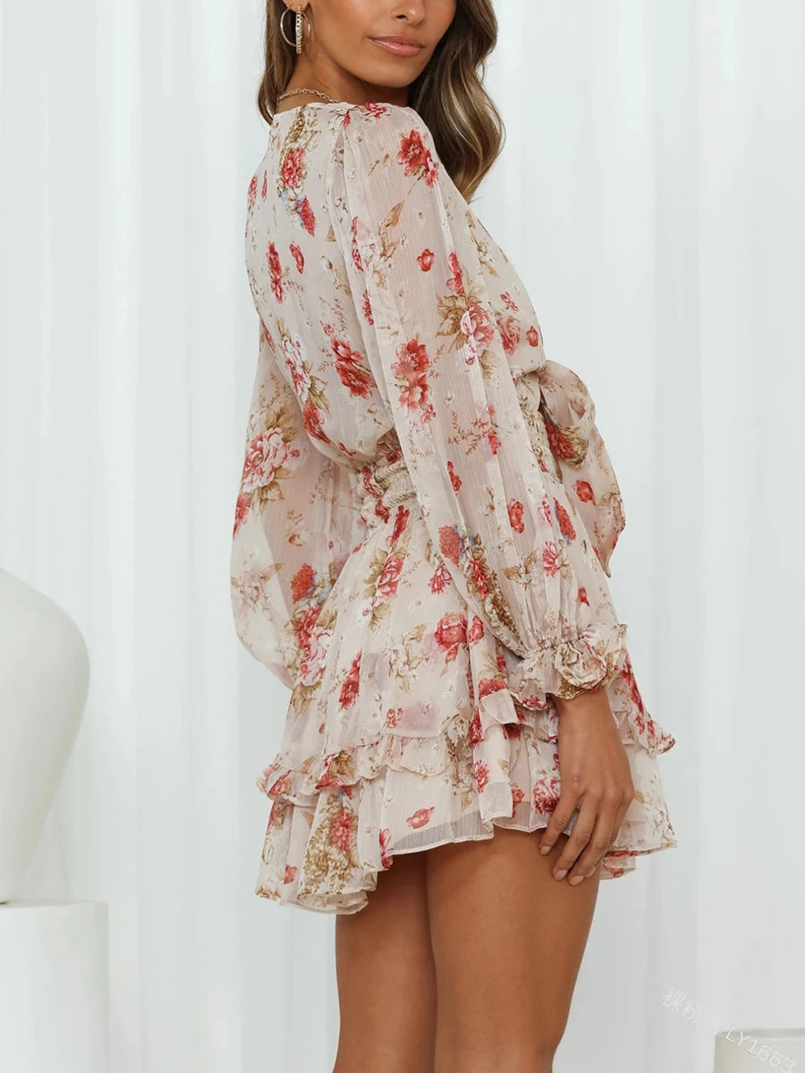 Women Spring Casual Mini Dress Floral Print Deep V-Neck Tie-Up Long Sleeve Sweet Dress Fashion Ruffles Dress
