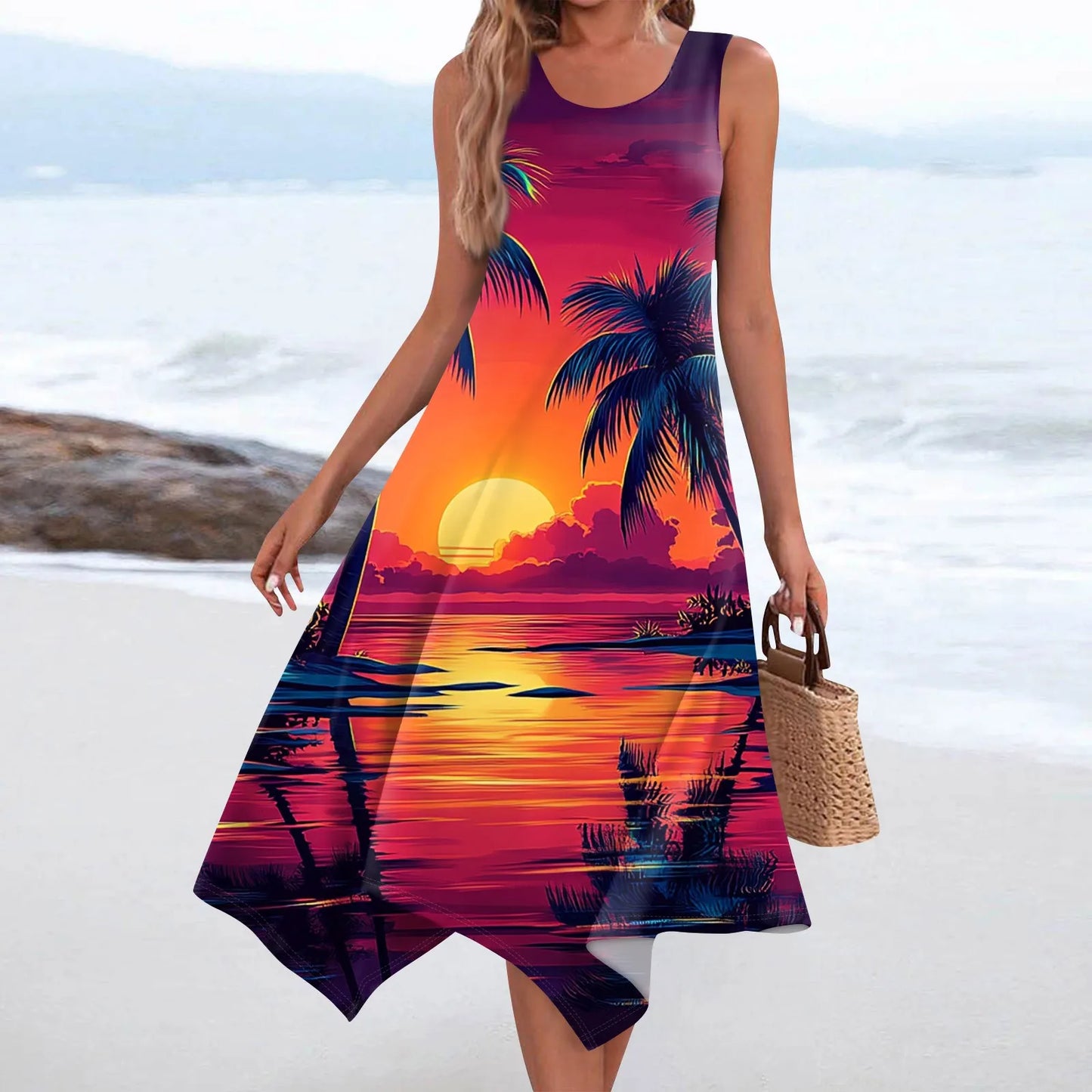 Floral Elegant Women's Casual Fashion Round Neck Sleeveless Print Irregular Hem Midi Dress Female Beach Vestidos Longos