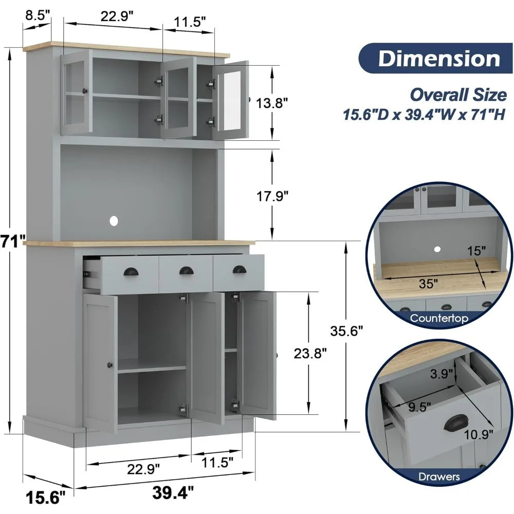 Freestanding Tall Kitchen Cupboard with Microwave Shelf and Drawers