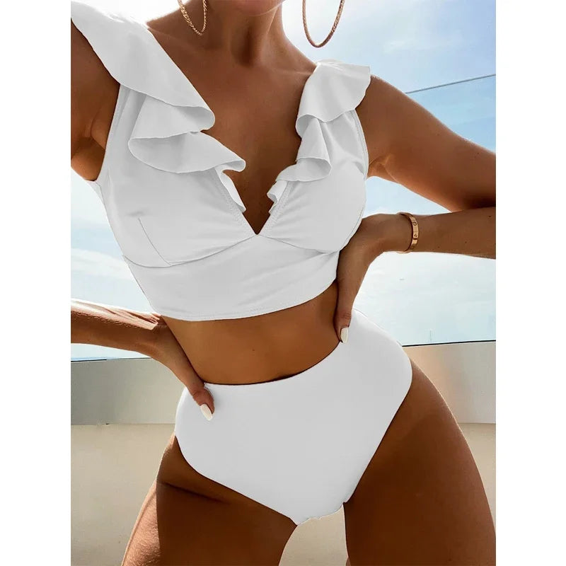 Solid Color Sexy V-neck Ruffle Bikini 2024 Women 2 Piece Swimwear Push Up Padded High Waist Swimsuit Summer Beach Bathing Suit