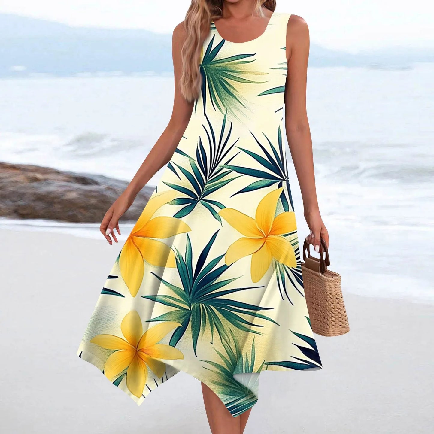 Floral Elegant Women's Casual Fashion Round Neck Sleeveless Print Irregular Hem Midi Dress Female Beach Vestidos Longos