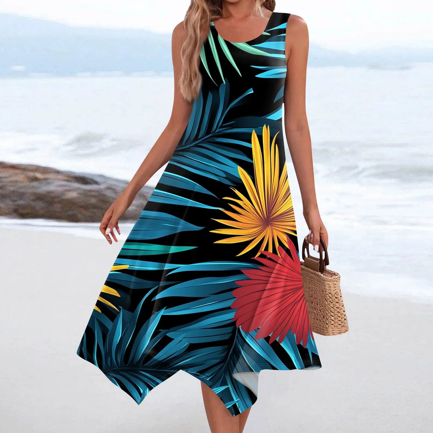 Floral Elegant Women's Casual Fashion Round Neck Sleeveless Print Irregular Hem Midi Dress Female Beach Vestidos Longos