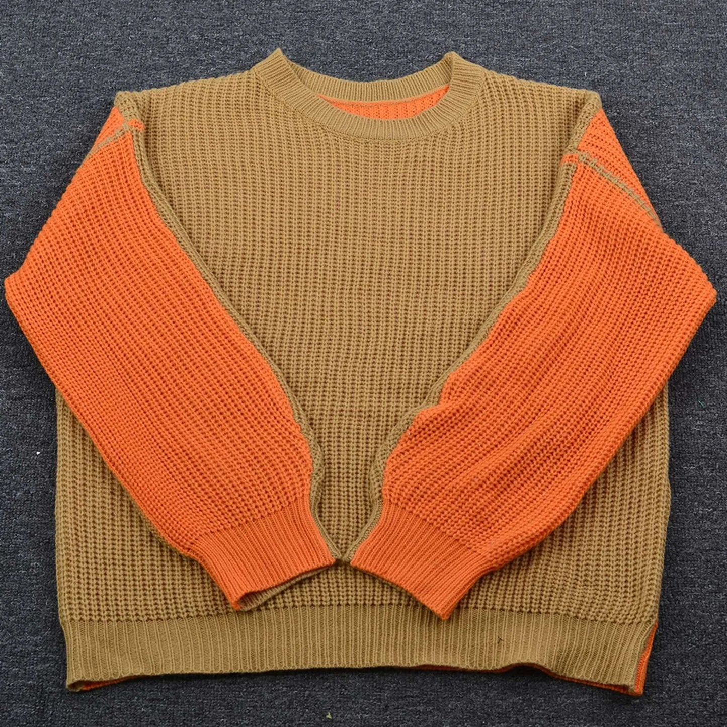 Women's Casual Sweater Loose Round Neck Two Color Contrasting Knit Sweaters Bulk Trendy Sweaters Classic Clothes for Women