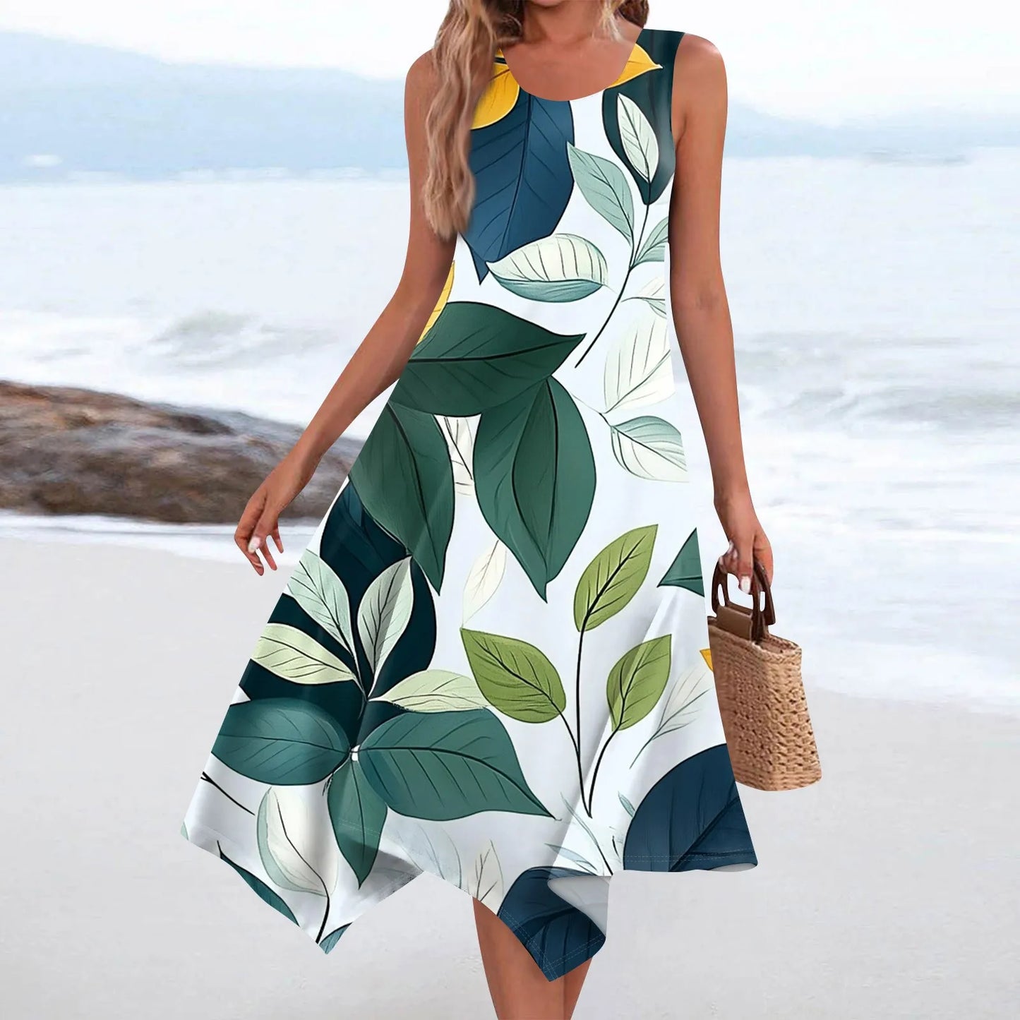 Floral Elegant Women's Casual Fashion Round Neck Sleeveless Print Irregular Hem Midi Dress Female Beach Vestidos Longos