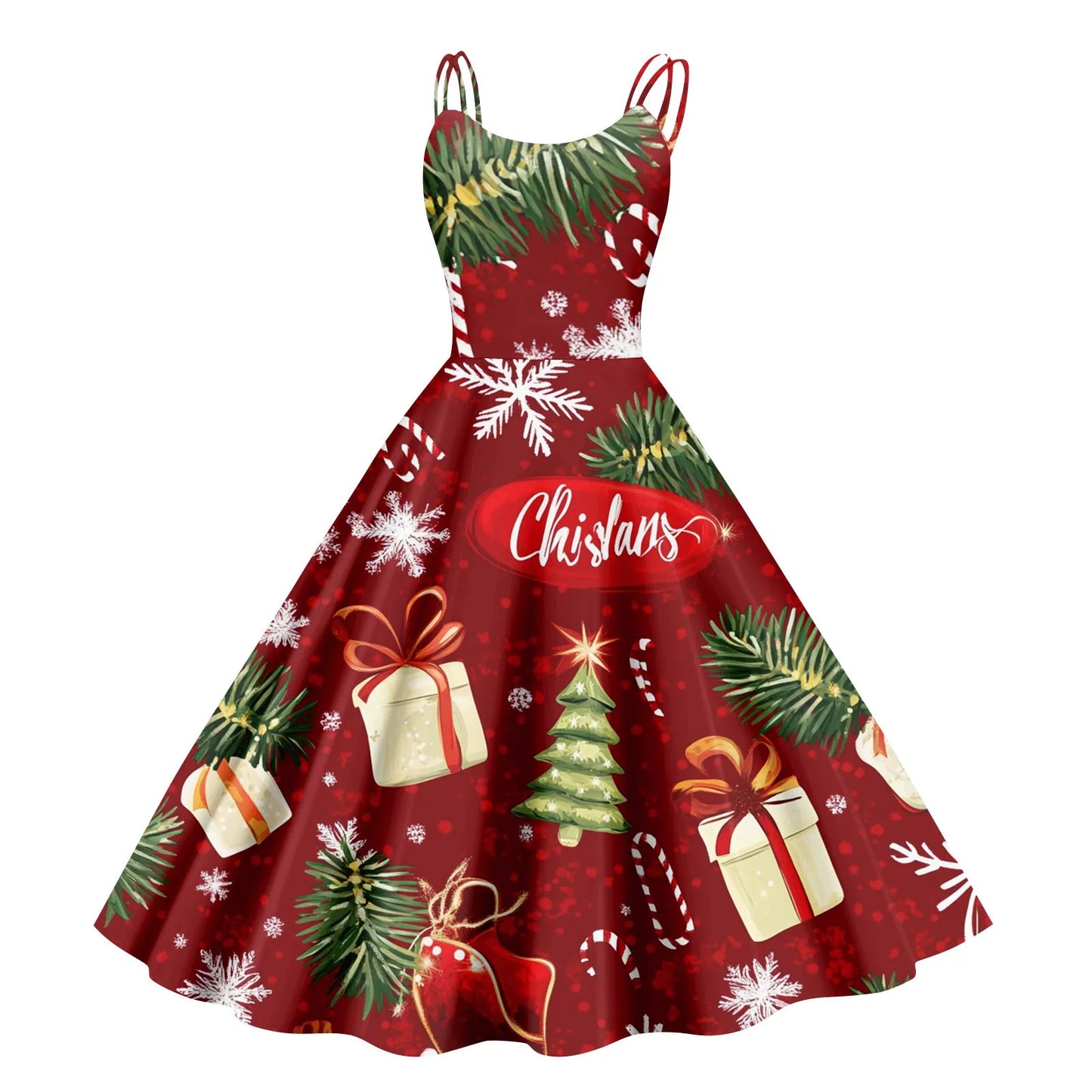Vintage Santa Print Off Shoulder Christmas Party Dress for Women