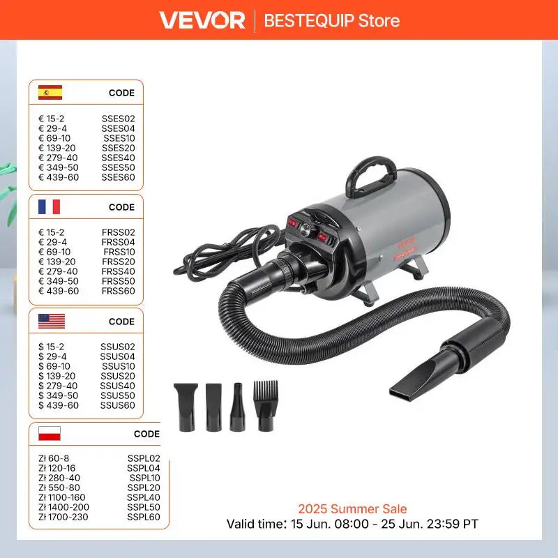 VEVOR 2000W/2.7HP Dog Blow Dryer Adjustable Speed Temperature Control with 4 Nozzles and Extendable Hose for Pet Hair Grooming