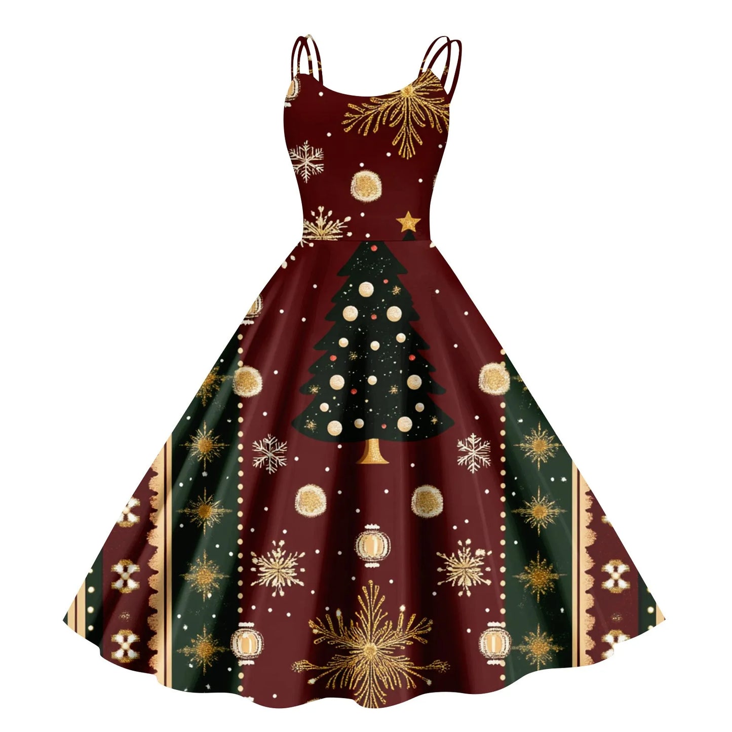 Vintage Santa Print Off Shoulder Christmas Party Dress for Women