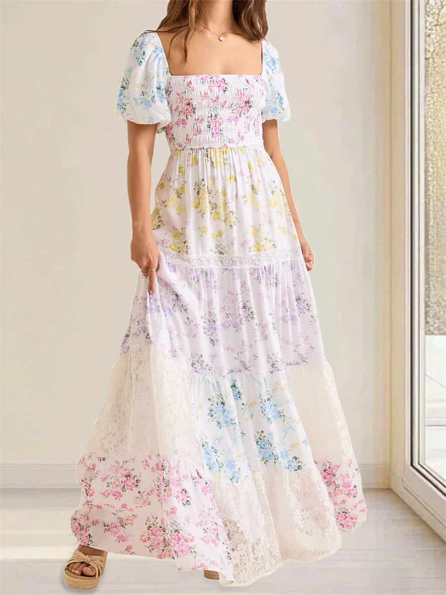 Elegant Floral Print Short Sleeve A-Line Dress with Ruffled Hem for Women Perfect for Cocktail Parties and Streetwear Fashion