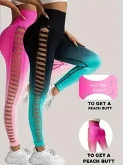2 Pack US Local Women’s Gradient Hollow Out Yoga Pants High Waisted Tummy Control Buttocks Lift Athletic Leggings