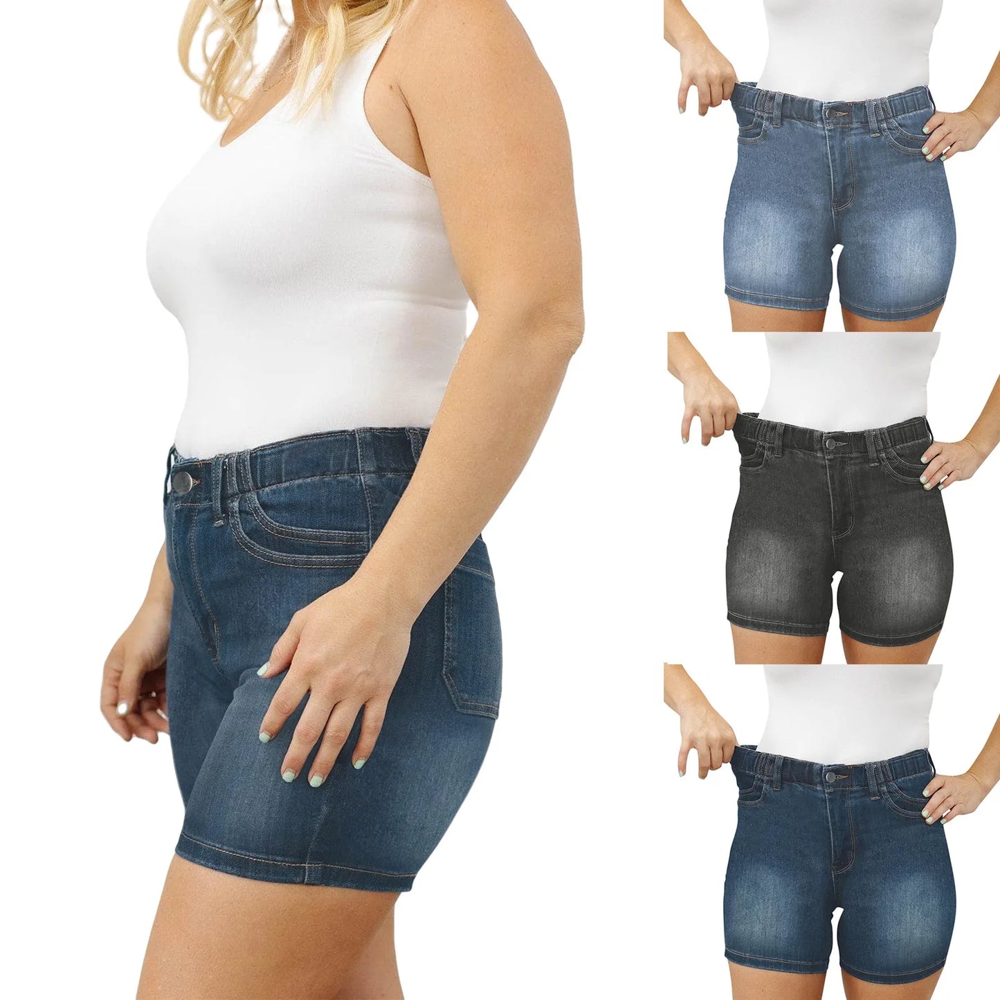 High Waist Casual Denim Shorts with Double Pockets for Women