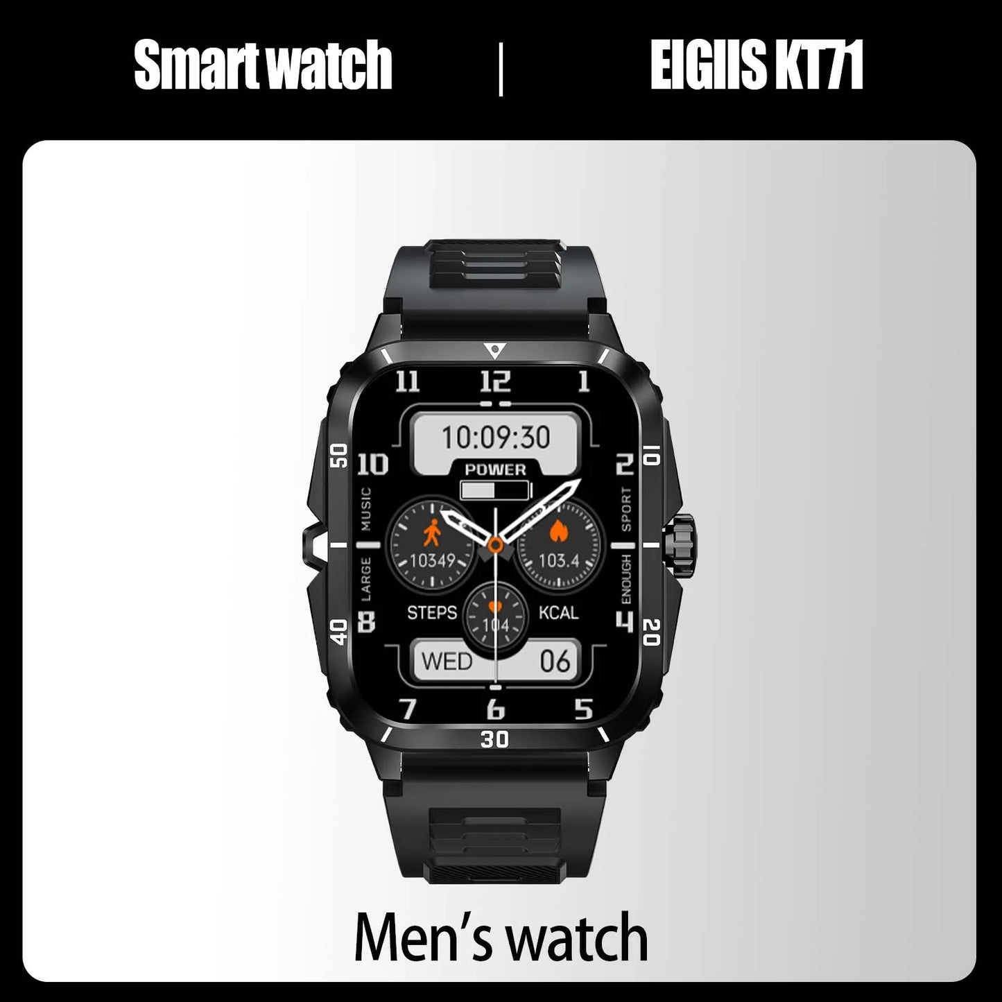 EIGIIS Smart Watch 3ATM Waterproof 1.96 Inch IPS Screen Military KT71 for Men with 100 Plus Sport Modes Heart Rate Blood Pressure Bluetooth Call