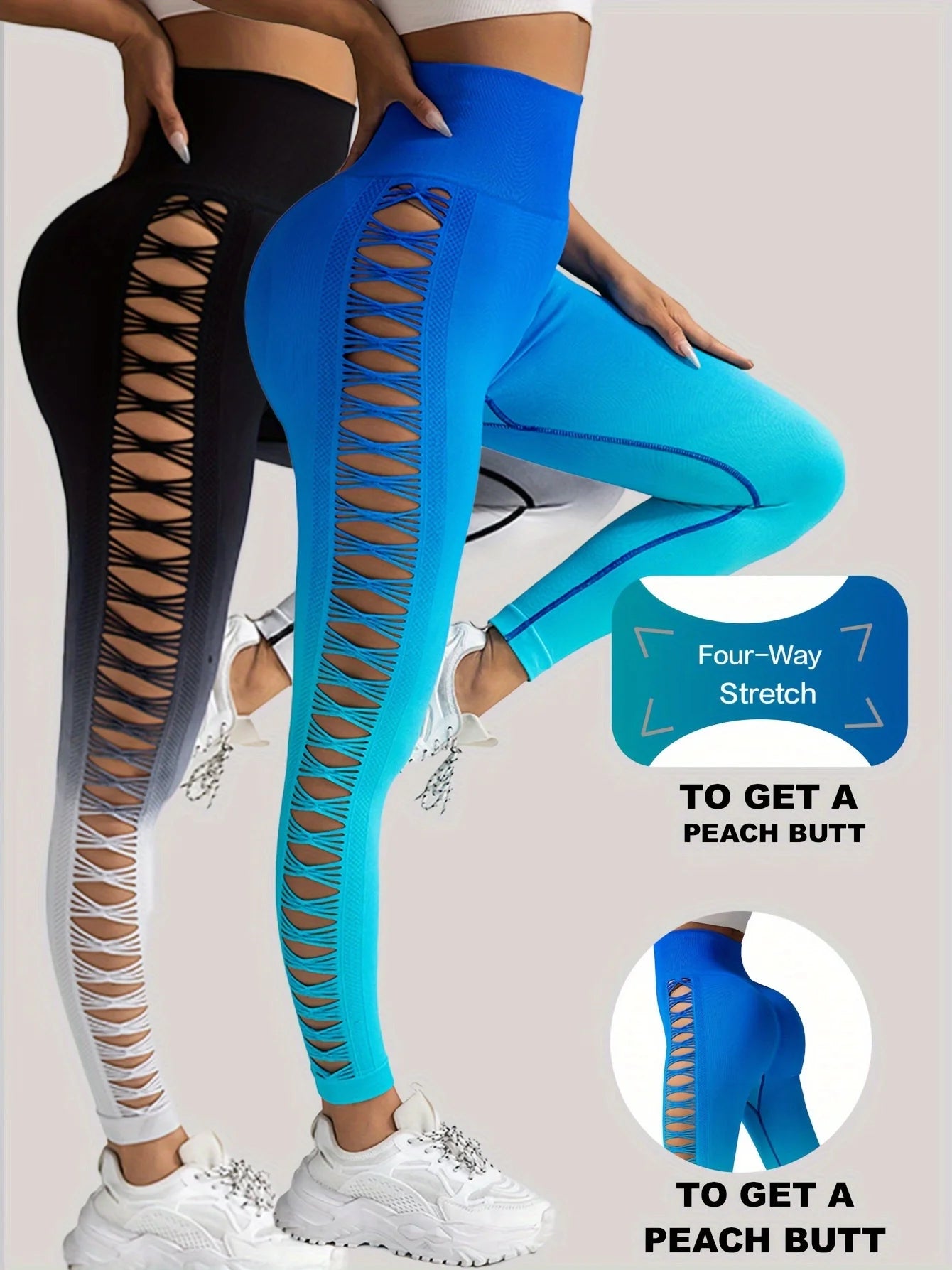 2 Pack US Local Women’s Gradient Hollow Out Yoga Pants High Waisted Tummy Control Buttocks Lift Athletic Leggings