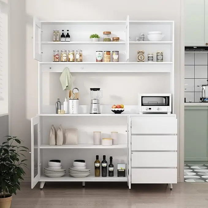 Elegant Kitchen Hutch Cabinet with Glass Doors and Drawers
