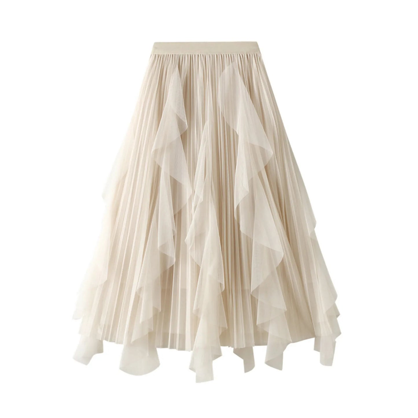 Ladies High Waist Ruffle Tulle Midi Skirt for Summer