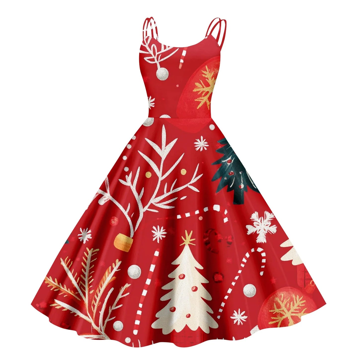 Vintage Santa Print Off Shoulder Christmas Party Dress for Women