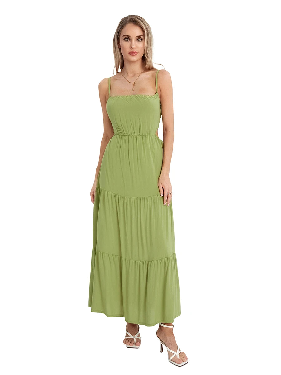 Elegant Sleeveless Maxi Dress with V-Neckline and Ruched Waist Detail for Women s Summer Fashion