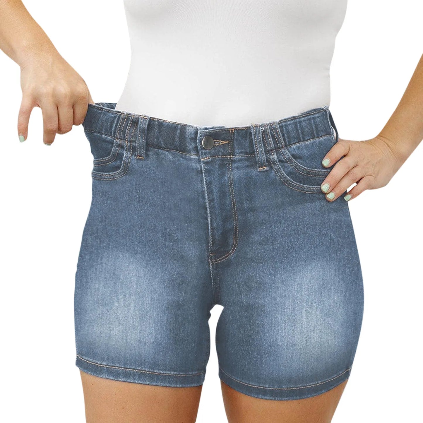 High Waist Casual Denim Shorts with Double Pockets for Women