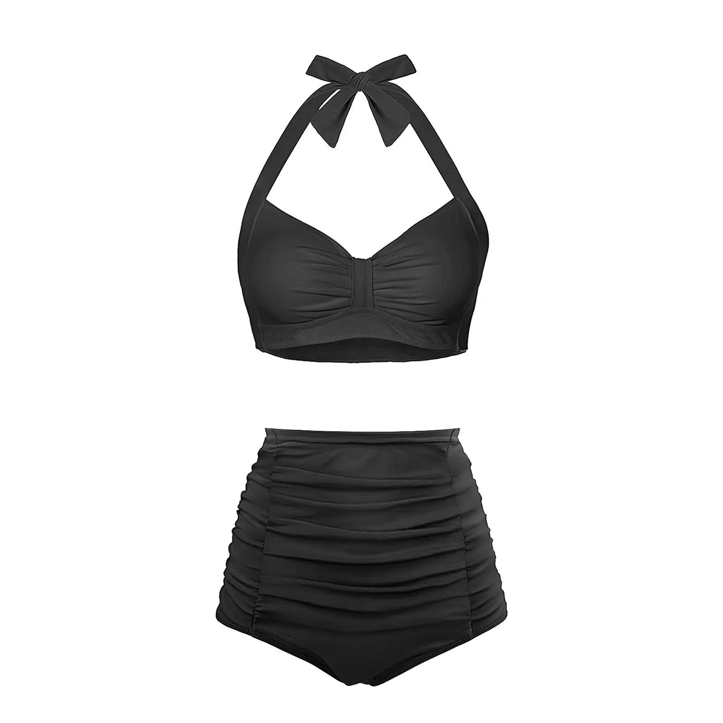 Halter Women High Waisted Swimsuit Polka Dot Sexy Push Up Two Piece Swimwear Retro Ruched Print Bikini Set