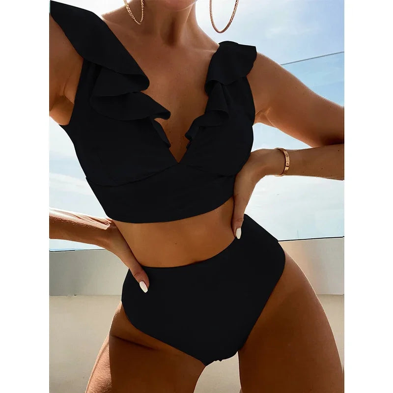 Solid Color Sexy V-neck Ruffle Bikini 2024 Women 2 Piece Swimwear Push Up Padded High Waist Swimsuit Summer Beach Bathing Suit