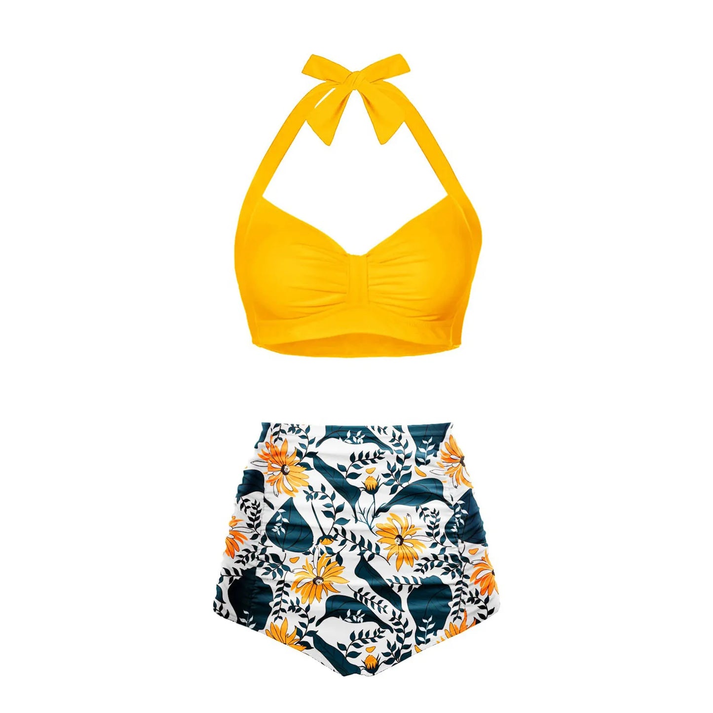 Halter Women High Waisted Swimsuit Polka Dot Sexy Push Up Two Piece Swimwear Retro Ruched Print Bikini Set