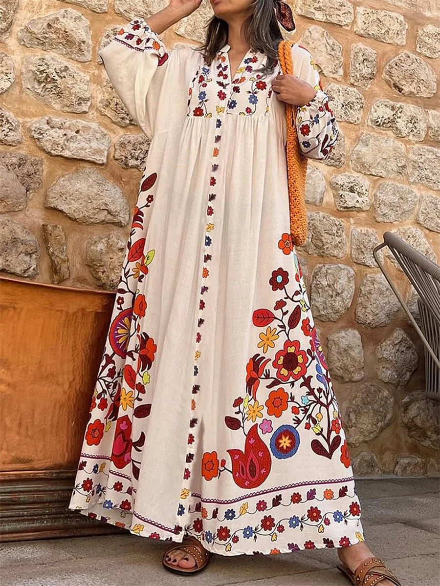 Elegant Floral Print V-Neck Maxi Dress for Casual Fall Style