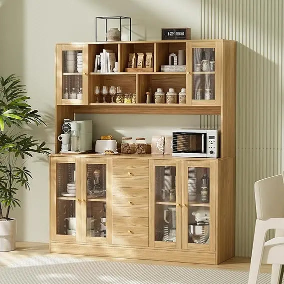 Elegant Kitchen Hutch Cabinet With Glass Doors and Drawers