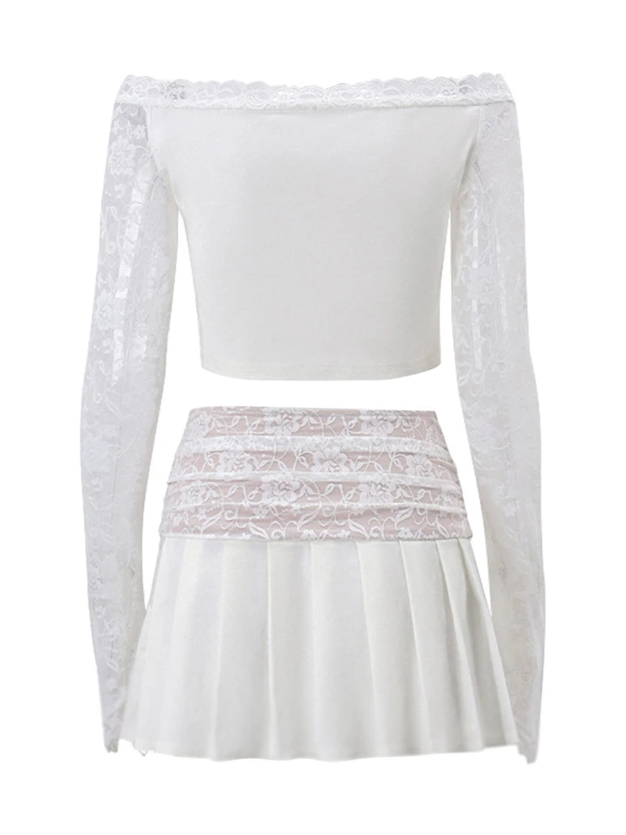 Women s 2 Piece Skirt Outfits Long Sleeve Off Shoulder Tops Mini Lace Floral Skirt Set