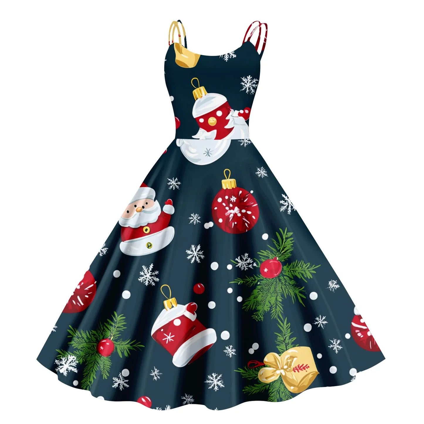 Vintage Santa Print Off Shoulder Christmas Party Dress for Women