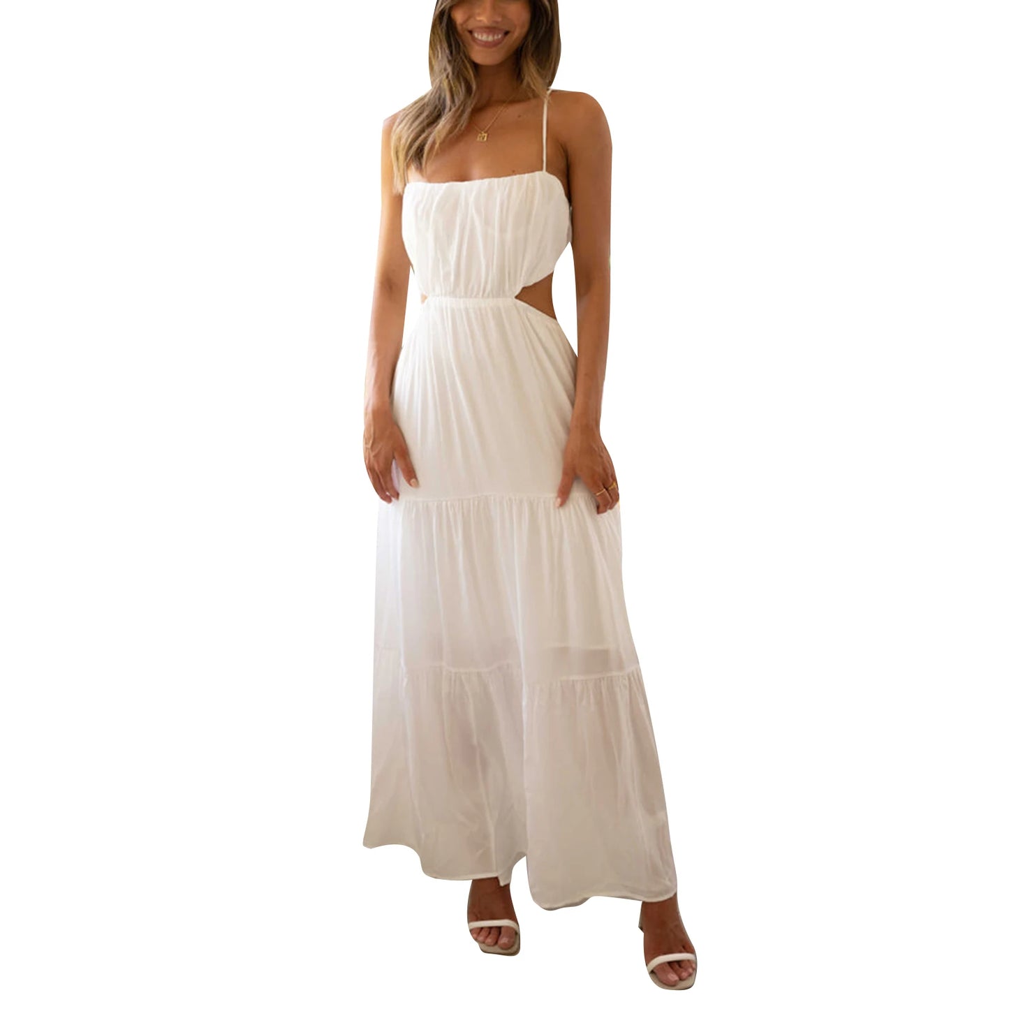 Elegant Sleeveless Maxi Dress with V-Neckline and Ruched Waist Detail for Women s Summer Fashion