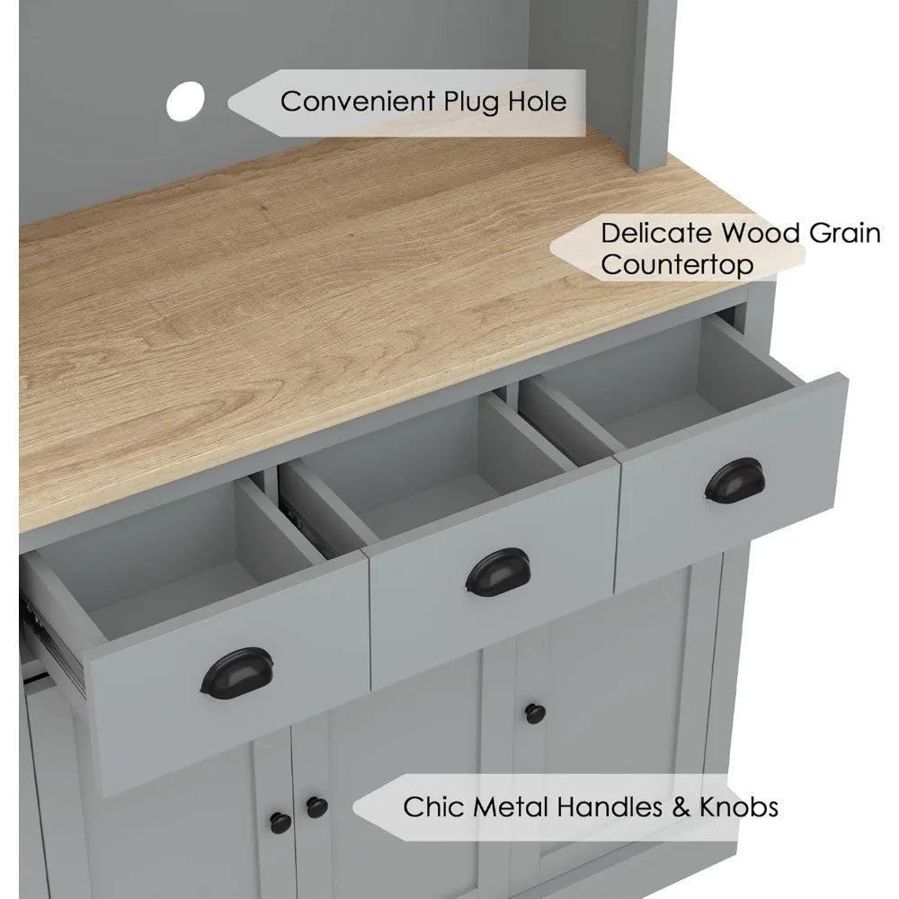 Freestanding Tall Kitchen Cupboard with Microwave Shelf and Drawers