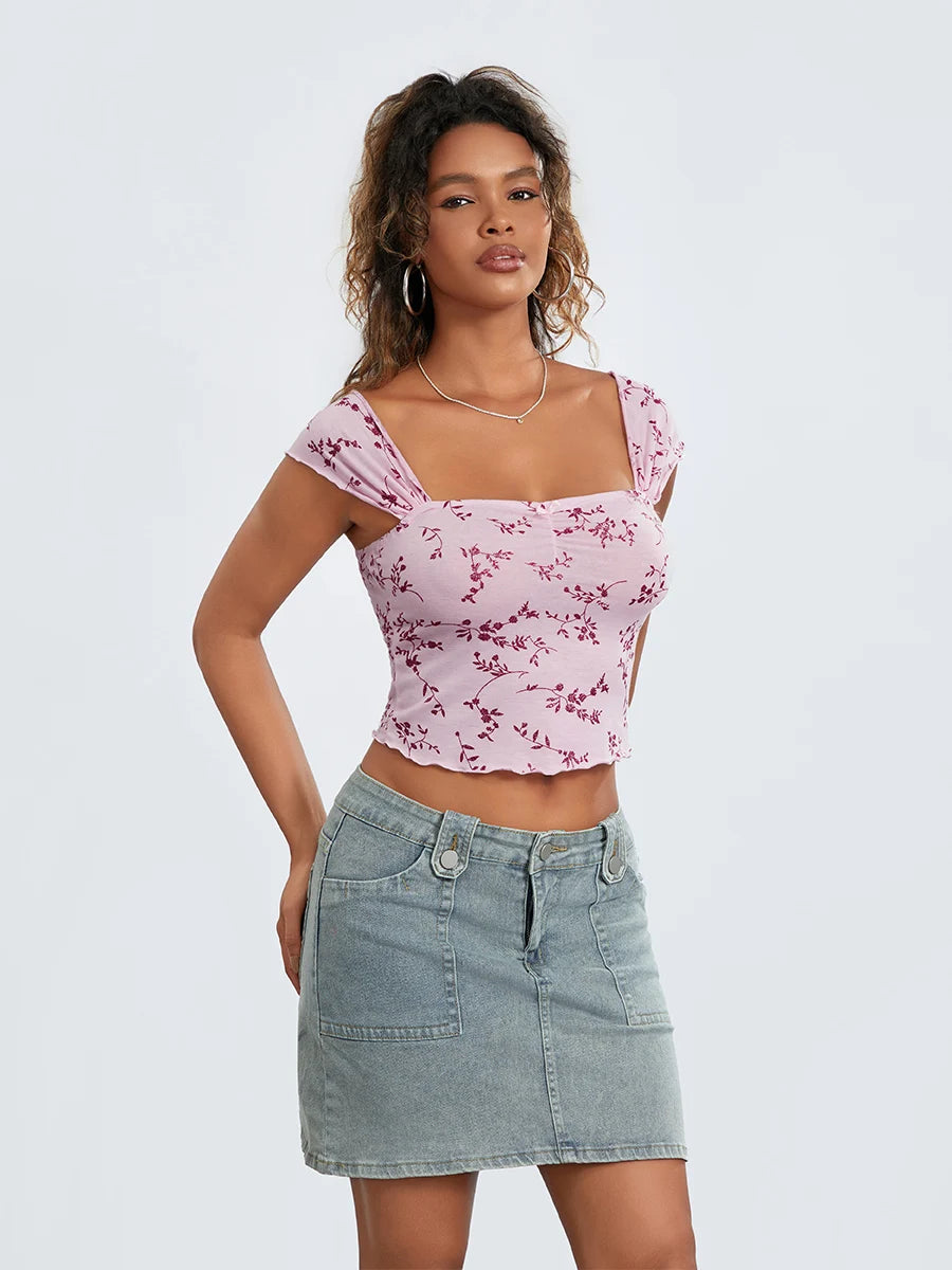 Women Floral Crop T-Shirts for Casual Summer Streetwear Style