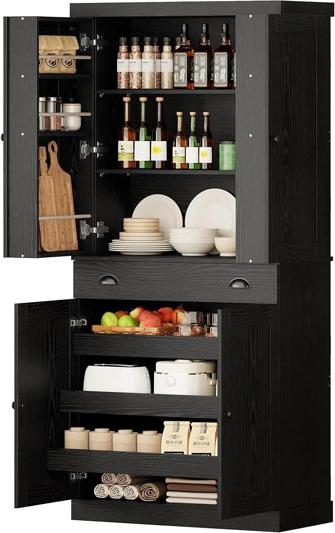 Freestanding Kitchen Pantry Cabinet with Drawer and Sliding Rack