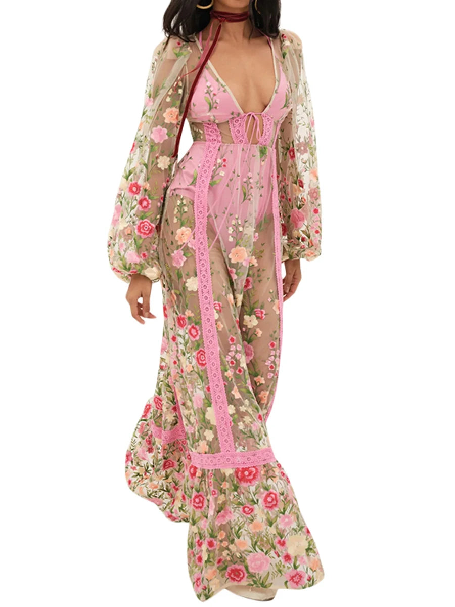 Women's Summer Floral Beach Dress with Long Sleeves and V Neck