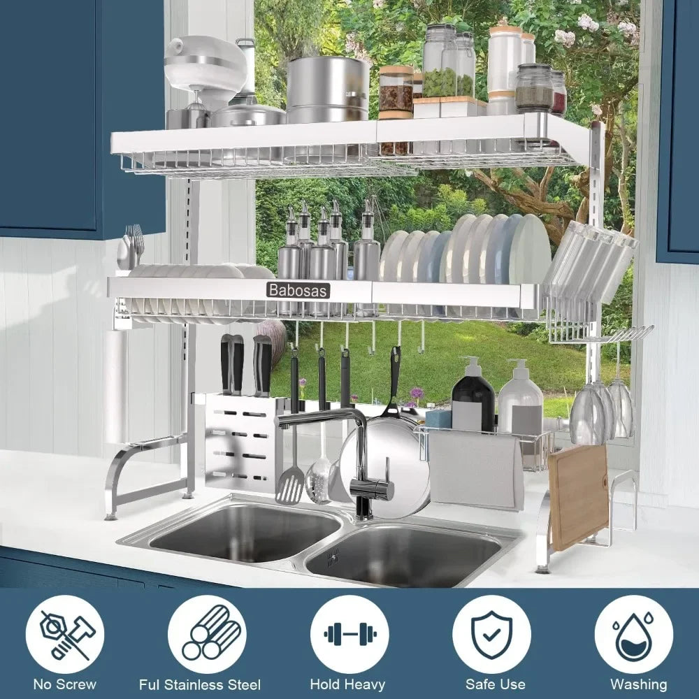 Over The Sink Stainless Steel Dish Drying Rack With Storage