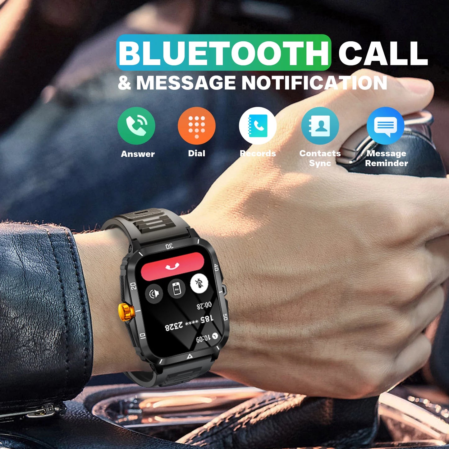 EIGIIS Smart Watch 3ATM Waterproof 1.96 Inch IPS Screen Military KT71 for Men with 100 Plus Sport Modes Heart Rate Blood Pressure Bluetooth Call