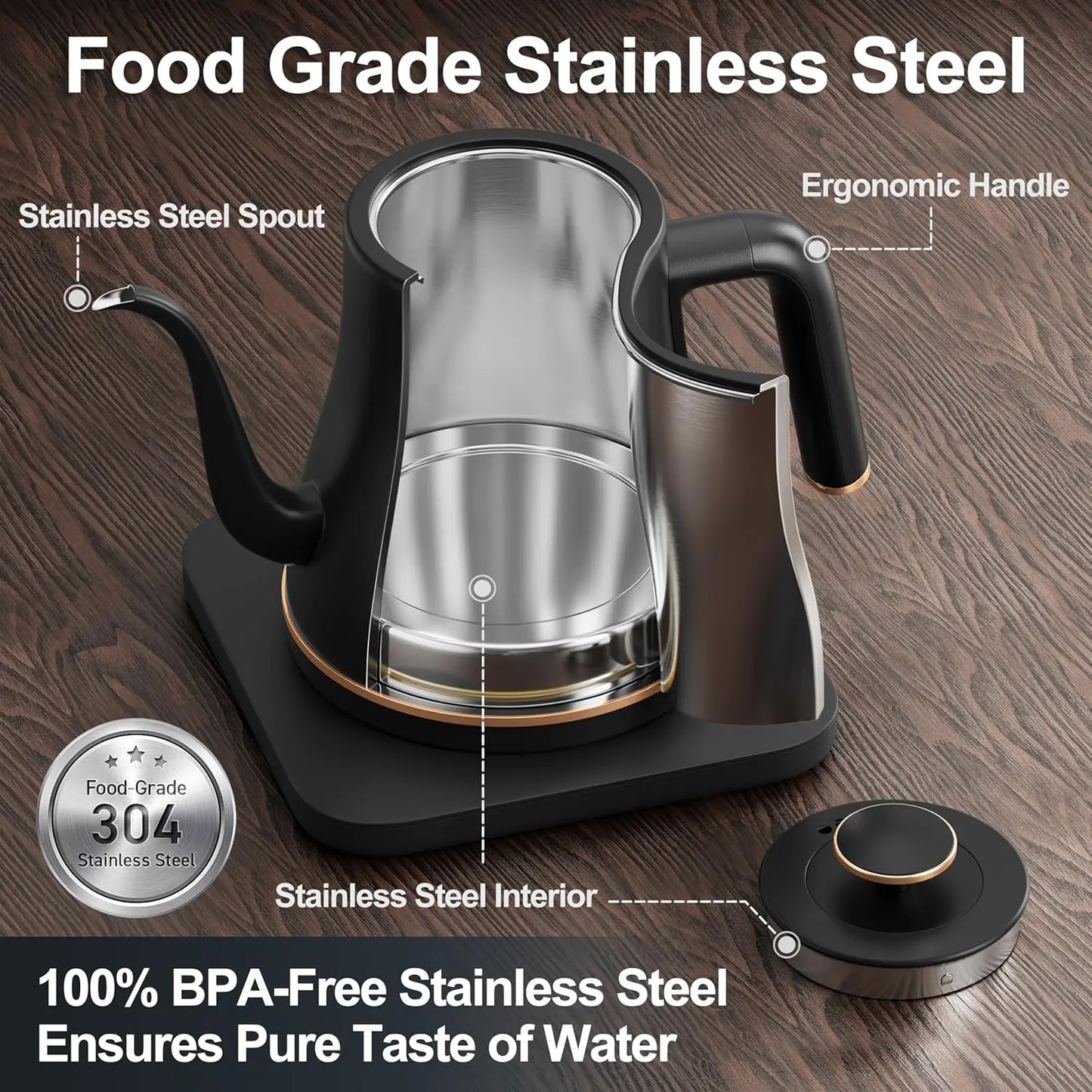 Gooseneck Electric Kettle, 0.8L Electric Tea Kettle Tea Pot, Pour Over Coffee Kettle with Stainless Steel Inner Lid & Bottom,