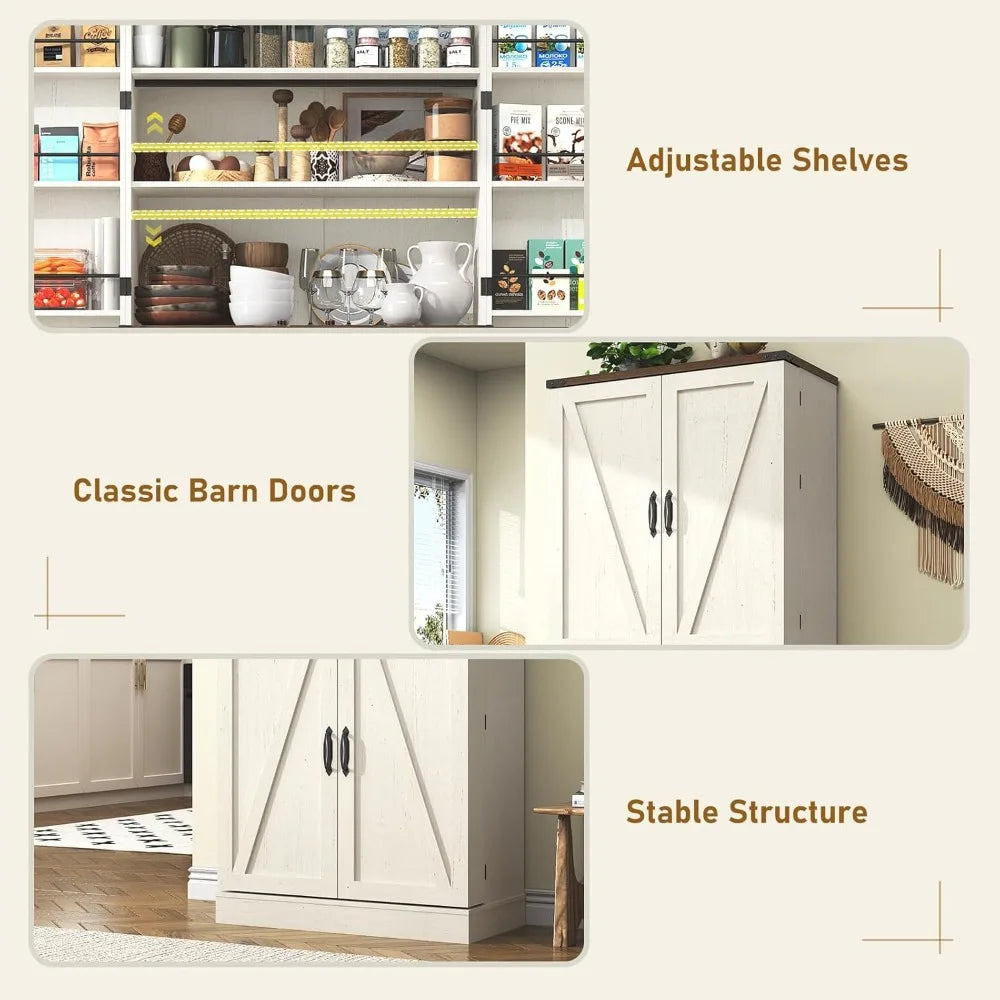 Farmhouse Kitchen Pantry Cabinet with Adjustable Shelves and Barn Doors