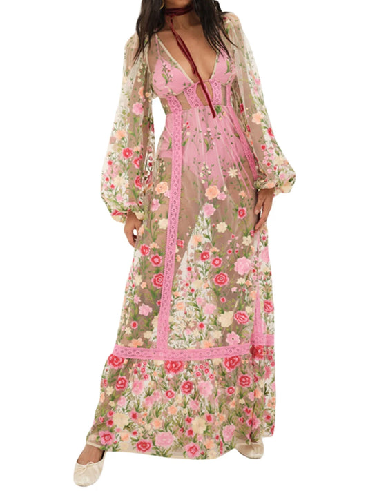 Women's Summer Floral Beach Dress with Long Sleeves and V Neck