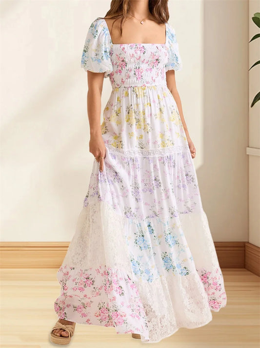 Elegant Floral Print Short Sleeve A-Line Dress with Ruffled Hem for Women Perfect for Cocktail Parties and Streetwear Fashion