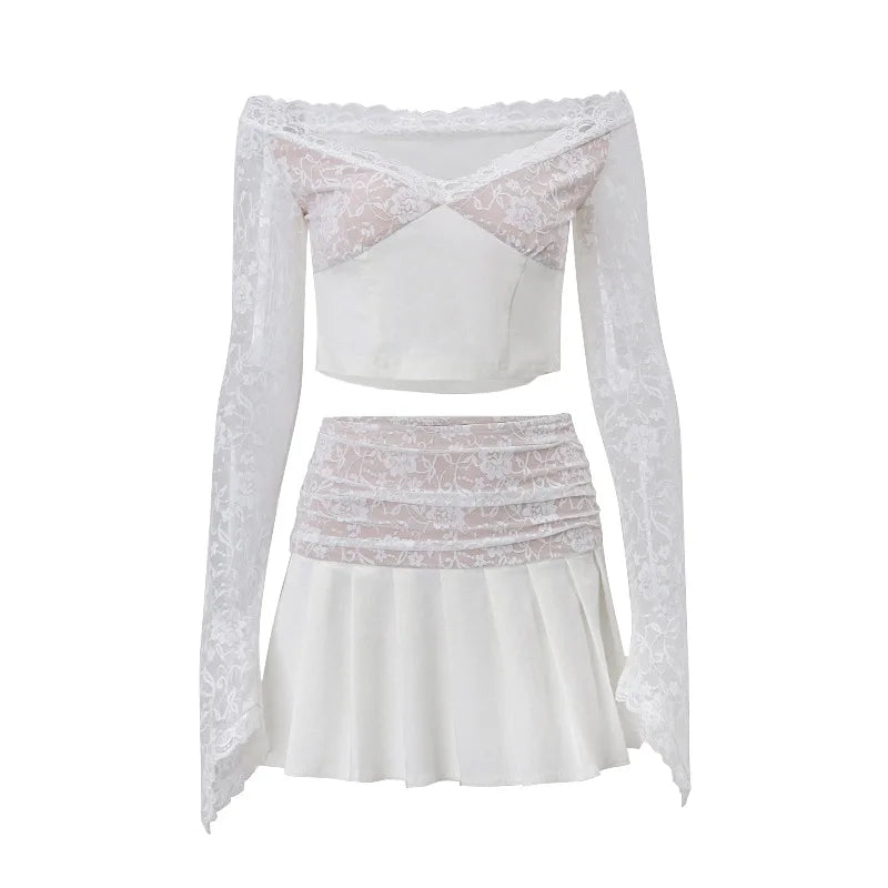 Women s 2 Piece Skirt Outfits Long Sleeve Off Shoulder Tops Mini Lace Floral Skirt Set