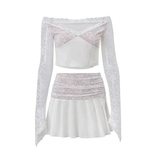 Women s 2 Piece Skirt Outfits Long Sleeve Off Shoulder Tops Mini Lace Floral Skirt Set