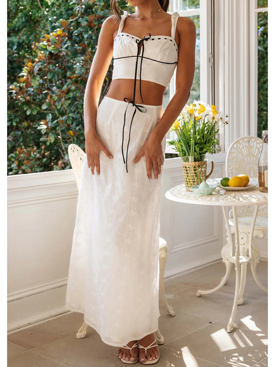 Women’s Summer  Set Embroidered Flower Sleeveless Cami Tops High Waist Black Bows Zipper Long Skirt 2 Pieces Set